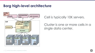 © 2018 Cloud Native Computing Foundation5
Borg high-level architecture
Cell is typically 10K servers.
Cluster is one or more cells in a
single data center.
 