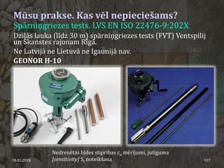 18.01.2019 127
Mūsu prakse. Kas vēl nepieciešams?
Spārniņgriezes tests. LVS EN ISO 22476-9:202X
Dziļās lauka (līdz 30 m) spārniņgriezes tests (FVT) Ventspilij
un Skanstes rajonam Rīgā.
Ne Latvijā ne Lietuvā ne Igaunijā nav.
GEONOR H-10
Nedrenētās bīdes stiprības cu mērījumi, jutīguma
[sensitivity] St noteikšana
 