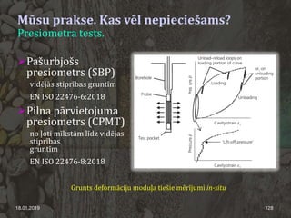 18.01.2019 128
Mūsu prakse. Kas vēl nepieciešams?
Presiometra tests.
Pašurbjošs
presiometrs (SBP)
vidējās stiprības gruntīm
EN ISO 22476-6:2018
Pilna pārvietojuma
presiometrs (CPMT)
no ļoti mīkstām līdz vidējas
stiprības
gruntīm
EN ISO 22476-8:2018
Grunts deformāciju moduļa tiešie mērījumi in-situ
 