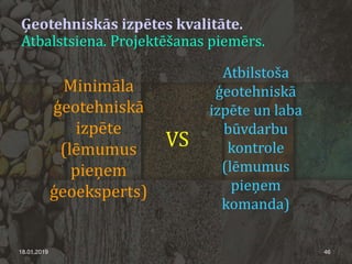 Ģeotehniskās izpētes kvalitāte.
Atbalstsiena. Projektēšanas piemērs.
18.01.2019 46
Minimāla
ģeotehniskā
izpēte
(lēmumus
pieņem
ģeoeksperts)
VS
Atbilstoša
ģeotehniskā
izpēte un laba
būvdarbu
kontrole
(lēmumus
pieņem
komanda)
 