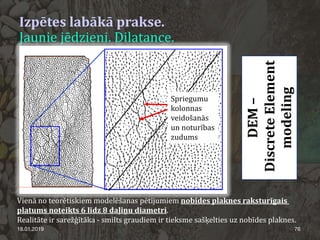 Izpētes labākā prakse.
Jaunie jēdzieni. Dilatance.
18.01.2019 76
Vienā no teorētiskiem modelēšanas pētījumiem nobīdes plaknes raksturīgais
platums noteikts 6 līdz 8 daļiņu diametri.
Realitāte ir sarežģītāka - smilts graudiem ir tieksme sašķelties uz nobīdes plaknes.
Spriegumu
kolonnas
veidošanās
un noturības
zudums
DEM–
DiscreteElement
modeling
 
