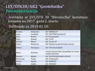 LVS/STK30/AK2 "Ģeotehnika"
Pamatinformācija
Izveidota ar LVS/STK 30 "Būvniecība" komitejas
lēmumu no 2017. gada 2. marta.
Dalībnieki uz 2019.01.10:
18.01.2019 9
Romāns Arhipenko SIA "BOREALIS"
Anita Grīnfelde SIA "GEO EKO Risinājumi"
Jānis Rozītis AS "Ceļuprojekts"
Gints Robalts SIA "I.A.R."
Valērijs Šēners SIA "Firma L4"
Valdis Markvarts SIA "Markvarta ģeotehniskais birojs"
Viktors Permiņevs SIA "TUV Nord Baltik"
Māris Krievāns
Latvijas Universitāte, Ģeogrāfijas un zemes
zinātņu fakultāte
Roberts Ķīkulis SIA "WITTEVEEN+BOS LATVIA"
Normunds Tirāns SIA "IG Kurbads"
Matīss Apsītis SIA "ARENSO"
Reinis Gailītis SIA "ARENSO"
 