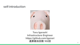 self-introduction
2
Toru Igarashi
Infrastructure Engineer
https://github.com/iganari
通算献血回数 102回
 