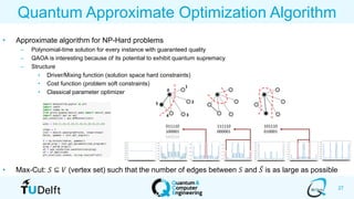 27
Quantum Approximate Optimization Algorithm
• Approximate algorithm for NP-Hard problems
– Polynomial-time solution for every instance with guaranteed quality
– QAOA is interesting because of its potential to exhibit quantum supremacy
– Structure
• Driver/Mixing function (solution space hard constraints)
• Cost function (problem soft constraints)
• Classical parameter optimizer
• Max-Cut: 𝑆 ⊆ 𝑉 (vertex set) such that the number of edges between 𝑆 and ҧ𝑆 is as large as possible
0
011110
100001
543210
1
2
34
5
111110
000001
101110
010001
 
