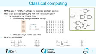 5
Classical computing
• NAND gate + FanOut = all logic for classical Boolean algebra
• How to do classical computing with just 1 quantum gate?
– The Toffoli gate (a.k.a. CC-NOT; CCX)
• 2 control bits flip the target when both are high
• NAND: CCX = xy1, FanOut: CCX = 1x0
• How about an adder?
FANOUT
cba y
000 0
001 1
010 0
011 1
100 0
101 1
110 1
111 0
1 0 0 0 0 0 0 0
0 1 0 0 0 0 0 0
0 0 1 0 0 0 0 0
0 0 0 0 0 0 0 1
0 0 0 0 1 0 0 0
0 0 0 0 0 1 0 0
0 0 0 0 0 0 1 0
0 0 0 1 0 0 0 0
 