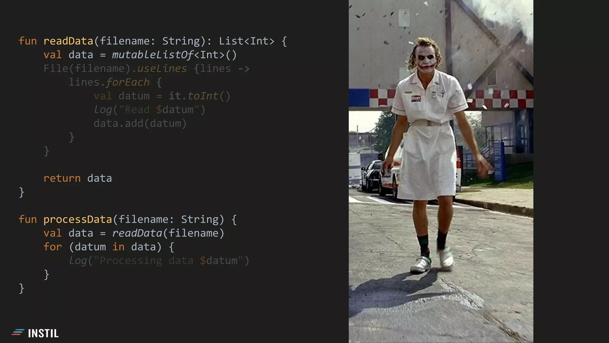 fun readData(filename: String): List<Int> {
val data = mutableListOf<Int>()
File(filename).useLines {lines ->
lines.forEach {
val datum = it.toInt()
log("Read $datum")
data.add(datum)
}
}
return data
}
fun processData(filename: String) {
val data = readData(filename)
for (datum in data) {
log("Processing data $datum")
}
}
 