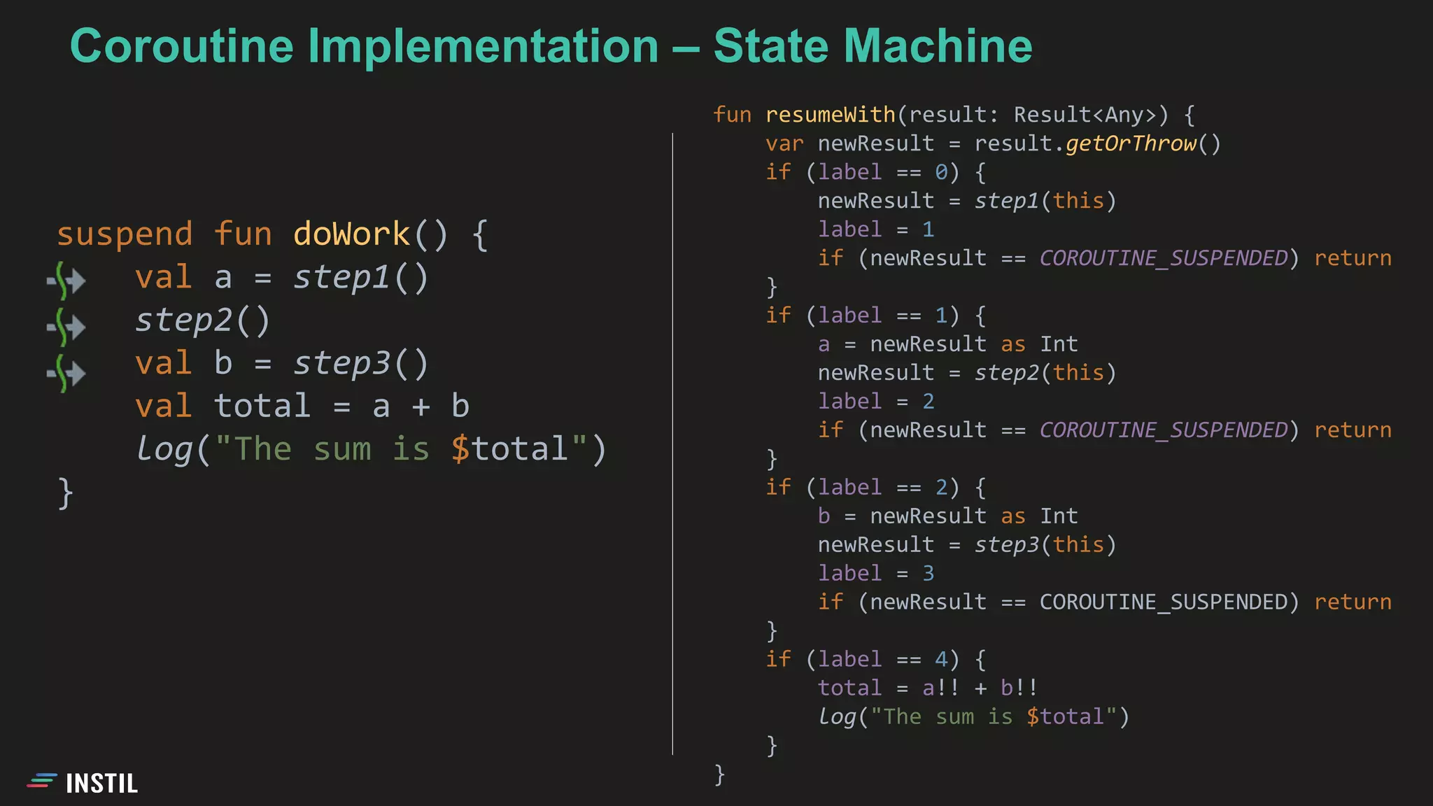 Coroutine Implementation – State Machine
suspend fun doWork() {
val a = step1()
step2()
val b = step3()
val total = a + b
log("The sum is $total")
}
fun resumeWith(result: Result<Any>) {
var newResult = result.getOrThrow()
if (label == 0) {
newResult = step1(this)
label = 1
if (newResult == COROUTINE_SUSPENDED) return
}
if (label == 1) {
a = newResult as Int
newResult = step2(this)
label = 2
if (newResult == COROUTINE_SUSPENDED) return
}
if (label == 2) {
b = newResult as Int
newResult = step3(this)
label = 3
if (newResult == COROUTINE_SUSPENDED) return
}
if (label == 4) {
total = a!! + b!!
log("The sum is $total")
}
}
 