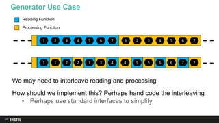 We may need to interleave reading and processing
How should we implement this? Perhaps hand code the interleaving
• Perhaps use standard interfaces to simplify
Generator Use Case
1 2 3 4 5 6 7 1 2 3 4 5 6 7
Reading Function
Processing Function
1 1 2 2 3 3 4 4 5 5 6 6 7 7
 