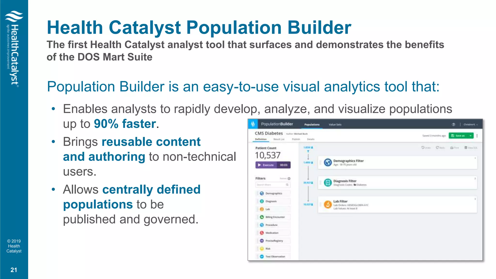 © 2019
Health
Catalyst
Population Builder is an easy-to-use visual analytics tool that:
• Enables analysts to rapidly develop, analyze, and visualize populations
up to 90% faster.
• Brings reusable content
and authoring to non-technical
users.
• Allows centrally defined
populations to be
published and governed.
Health Catalyst Population Builder
The first Health Catalyst analyst tool that surfaces and demonstrates the benefits
of the DOS Mart Suite
21
 
