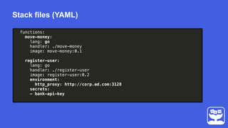 Stack files (YAML)
functions:
move-money:
lang: go
handler: ./move-money
image: move-money:0.1
register-user:
lang: go
han...