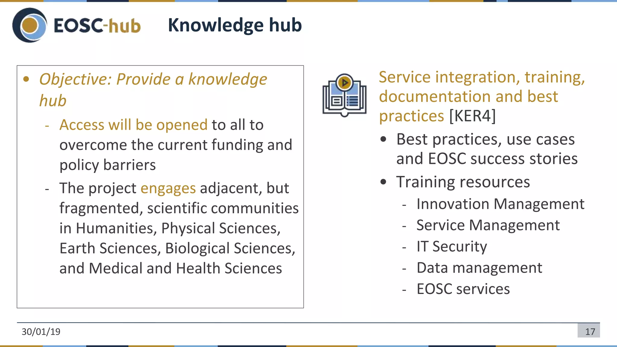 • Objective: Provide a knowledge
hub
- Access will be opened to all to
overcome the current funding and
policy barriers
- The project engages adjacent, but
fragmented, scientific communities
in Humanities, Physical Sciences,
Earth Sciences, Biological Sciences,
and Medical and Health Sciences
Service integration, training,
documentation and best
practices [KER4]
• Best practices, use cases
and EOSC success stories
• Training resources
- Innovation Management
- Service Management
- IT Security
- Data management
- EOSC services
30/01/19 17
Knowledge hub
 