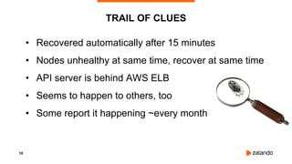 10
TRAIL OF CLUES
• Recovered automatically after 15 minutes
• Nodes unhealthy at same time, recover at same time
• API server is behind AWS ELB
• Seems to happen to others, too
• Some report it happening ~every month
 