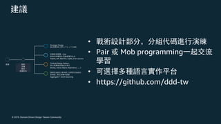 © 2019, Domain Driven Design Taiwan Community
•
• Pair Mob programming
•
• https://github.com/ddd-tw
Strategic Design
, ,
– Ch4
PoEAA, EIP, RESTful, CQRS, Event Driven
Tactical Design Pattern
(Entity, Value Object, Repository .......)
2003 10 , DDD
:
Aggregate + Event Sourcing
 