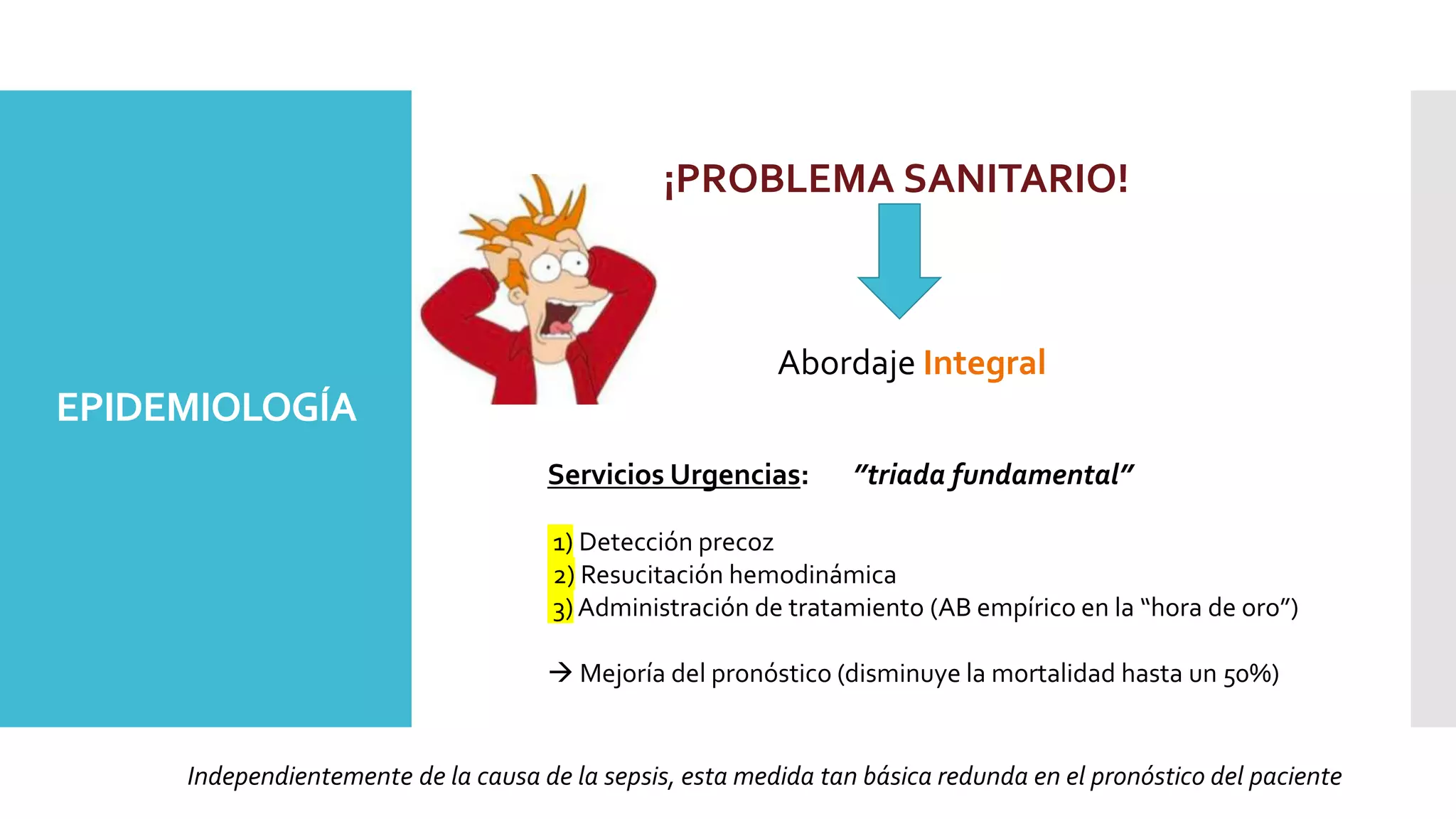 EPIDEMIOLOGÍA
¡PROBLEMA SANITARIO!
Abordaje Integral
Servicios Urgencias: ”triada fundamental”
1) Detección precoz
2) Resucitación hemodinámica
3) Administración de tratamiento (AB empírico en la “hora de oro”)
 Mejoría del pronóstico (disminuye la mortalidad hasta un 50%)
Independientemente de la causa de la sepsis, esta medida tan básica redunda en el pronóstico del paciente
 