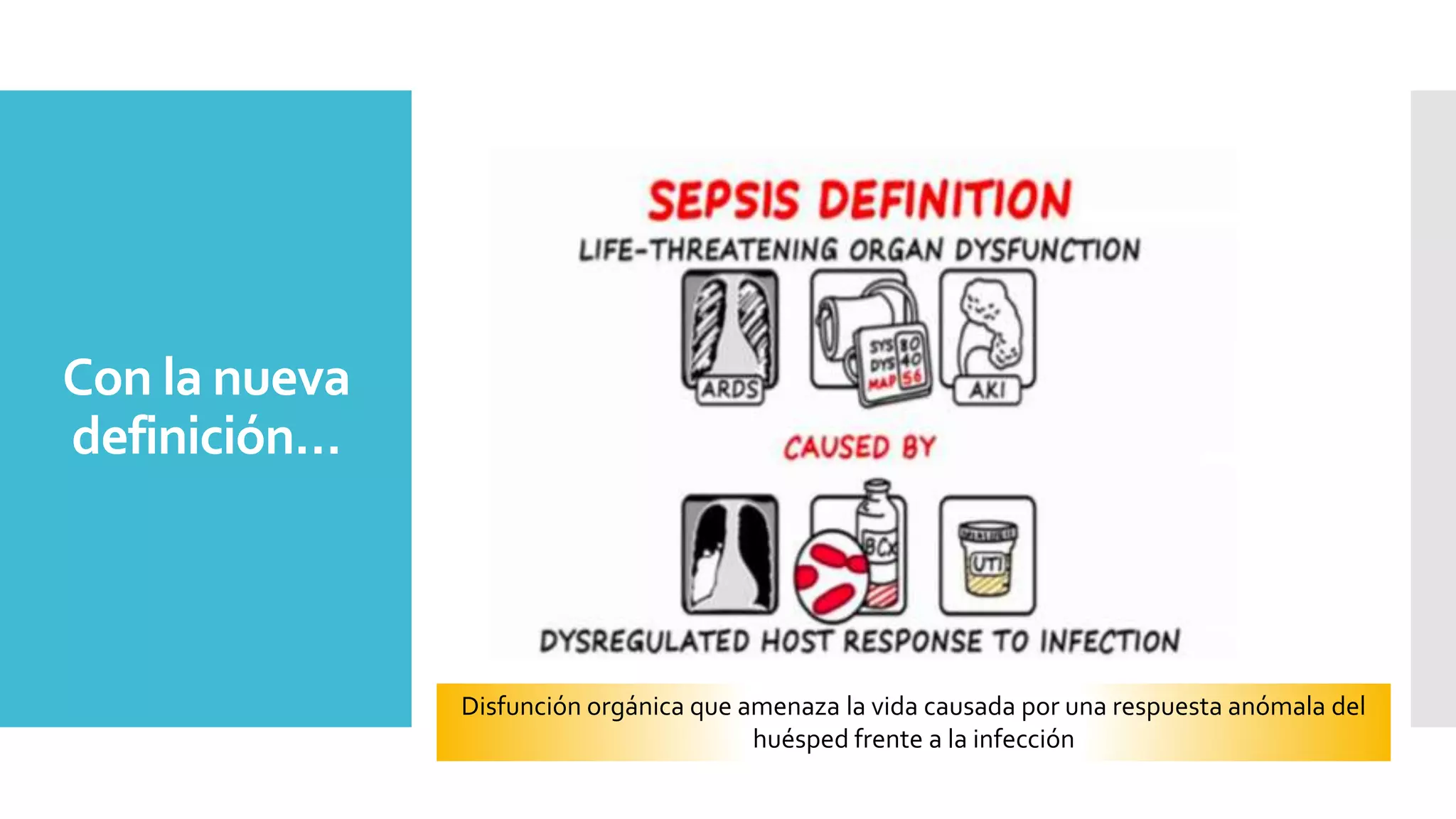 Con la nueva
definición…
Disfunción orgánica que amenaza la vida causada por una respuesta anómala del
huésped frente a la infección
 