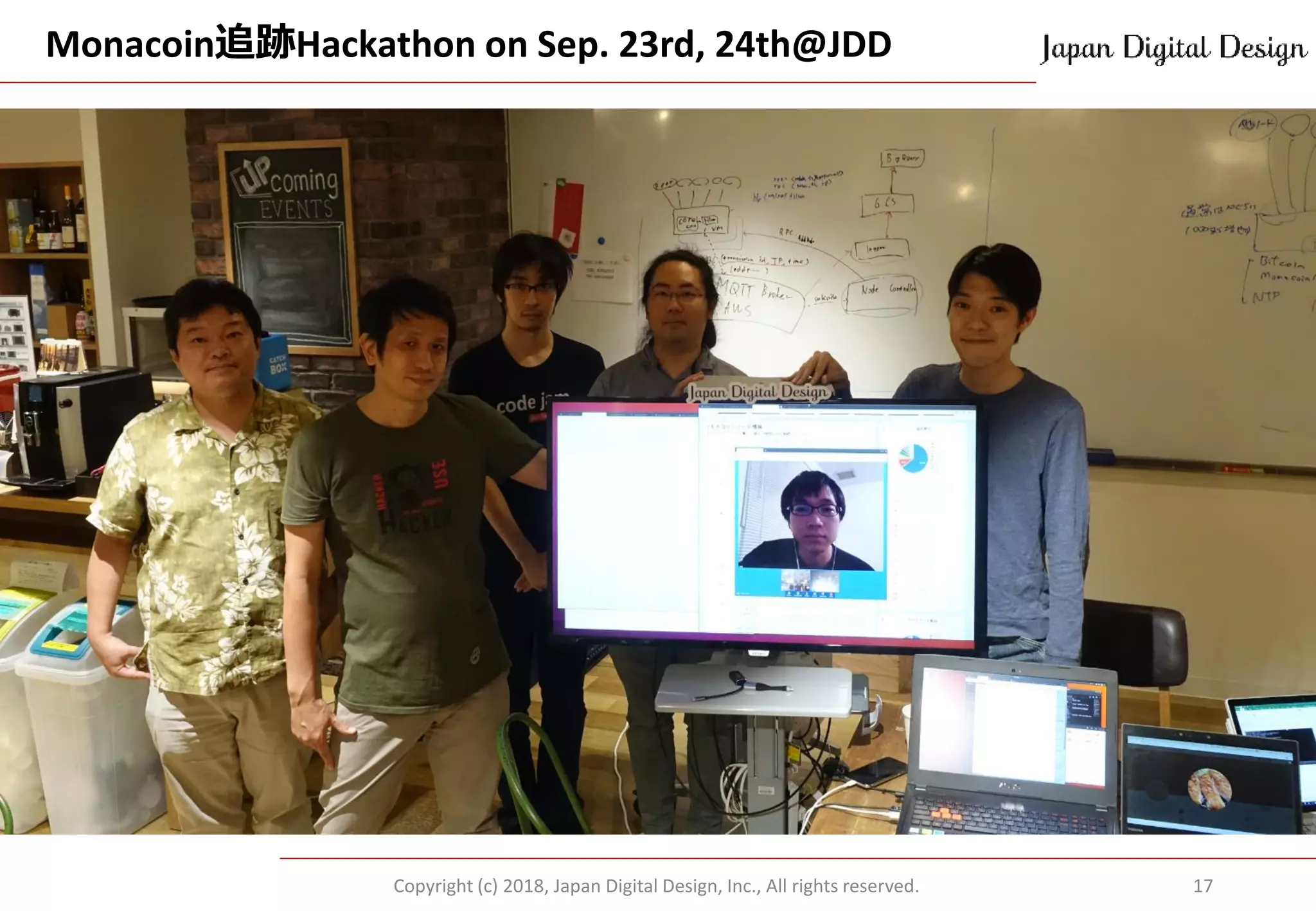 Monacoin追跡Hackathon on Sep. 23rd, 24th@JDD
Copyright (c) 2018, Japan Digital Design, Inc., All rights reserved. 17
 