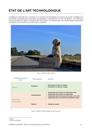 Intelligence artificielle – État de l’art et perspectives pour la France 13
ÉTAT DE L’ART TECHNOLOGIQUE
L’intelligence artificielle (IA) correspond à un ensemble de technologies qui permet de simuler l’intelligence et
d’accomplir automatiquement des tâches de perception, compréhension et prise de décision. Ces techniques
font particulièrement appel à l’utilisation de l’informatique, de l’électronique, des mathématiques (notamment
statistiques), des neurosciences et des sciences cognitives.
Figure 1 - Exemple de scène à analyser4
Figure 2 - Intelligence artificielle appliquée aux tâches cognitives5
4
PXHERE.
5
Traitement ATAWAO.
Recherche,
exploratoire
Mature
Perception
• Reconnaitre le chien sur l’image
• Reconnaitre la route sur l’image
Complexité croissante
de l’IA
Tâche cognitive Exemple
Compréhension
• Comprendre que le chien est à côté d’une route
• Comprendre que le chien est imprévisible
• Comprendre que le chien pourrait sauter sur la route
• Comprendre que l’on est dans une situation à risque
Décision • Décider de ralentir
 