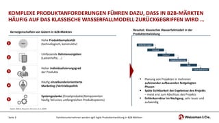Kerneigenschaften von Gütern in B2B-Märkten
KOMPLEXE PRODUKTANFORDERUNGEN FÜHREN DAZU, DASS IN B2B-MÄRKTEN
HÄUFIG AUF DAS KLASSISCHE WASSERFALLMODELL ZURÜCKGEGRIFFEN WIRD …
Familienunternehmen werden agil! Agile Produktentwicklung in B2B-Märkten
Quelle: W&Cie.-Research, Herrmann et al. (2009)
Hohe Produktkomplexität
(technologisch, konstruktiv)
Umfassende Rahmenvorgaben
(Lastenhefte, …)
Hoher Individualisierungsgrad
der Produkte
Häufig einzelkundenorientierte
Marketing-/Vertriebspolitik
Systemgedanke (Einzelprodukte/Komponenten
häufig Teil eines umfangreichen Produktsystems)
1
2
3
4
5
Resultat: Klassisches Wasserfallmodell in der
Produktentwicklung
 Planung von Projekten in mehreren
aufeinander aufbauenden festgelegten
Phasen
 Späte Sichtbarkeit der Ergebnisse des Projekts
– meist erst zum Abschluss des Projekts
 Fehlerkorrektur im Nachgang: sehr teuer und
aufwendig
Seite 3
 