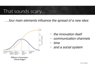 That sounds scary…
Diffusion of Innovation
- Everett Rogers
….four main elements inﬂuence the spread of a new idea:
Source: Wikipedia
• the innovation itself
• communication channels
• time
• and a social system
 