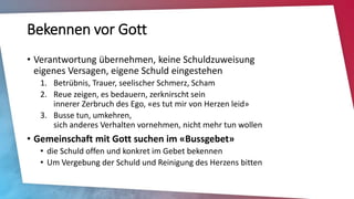 Bekennen vor Gott
• Verantwortung übernehmen, keine Schuldzuweisung
eigenes Versagen, eigene Schuld eingestehen
1. Betrübnis, Trauer, seelischer Schmerz, Scham
2. Reue zeigen, es bedauern, zerknirscht sein
innerer Zerbruch des Ego, «es tut mir von Herzen leid»
3. Busse tun, umkehren,
sich anderes Verhalten vornehmen, nicht mehr tun wollen
• Gemeinschaft mit Gott suchen im «Bussgebet»
• die Schuld offen und konkret im Gebet bekennen
• Um Vergebung der Schuld und Reinigung des Herzens bitten
 