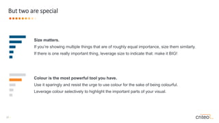 27 •
But two are special
Colour is the most powerful tool you have.
Use it sparingly and resist the urge to use colour for the sake of being colourful.
Leverage colour selectively to highlight the important parts of your visual.
Size matters.
If you’re showing multiple things that are of roughly equal importance, size them similarly.
If there is one really important thing, leverage size to indicate that: make it BIG!
 