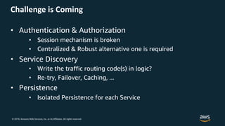 © 2018, Amazon Web Services, Inc. or its Affiliates. All rights reserved.
Challenge is Coming
• Authentication & Authorization
• Session mechanism is broken
• Centralized & Robust alternative one is required
• Service Discovery
• Write the traffic routing code(s) in logic?
• Re-try, Failover, Caching, ...
• Persistence
• Isolated Persistence for each Service
 