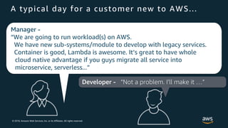 © 2018, Amazon Web Services, Inc. or its Affiliates. All rights reserved.
A typical day for a customer new to AWS...
Manager -
“We are going to run workload(s) on AWS.
We have new sub-systems/module to develop with legacy services.
Container is good, Lambda is awesome. It’s great to have whole
cloud native advantage if you guys migrate all service into
microservice, serverless...”
Developer - “Not a problem. I’ll make it …”
 