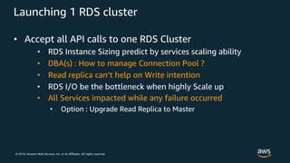 © 2018, Amazon Web Services, Inc. or its Affiliates. All rights reserved.
• Accept all API calls to one RDS Cluster
• RDS Instance Sizing predict by services scaling ability
• DBA(s) : How to manage Connection Pool ?
• Read replica can’t help on Write intention
• RDS I/O be the bottleneck when highly Scale up
• All Services impacted while any failure occurred
• Option : Upgrade Read Replica to Master
Launching 1 RDS cluster
 