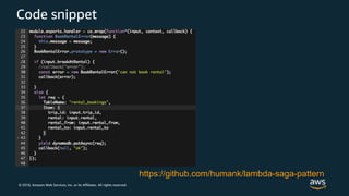 © 2018, Amazon Web Services, Inc. or its Affiliates. All rights reserved.
Code snippet
https://github.com/humank/lambda-saga-pattern
 