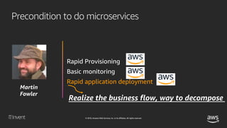 © 2018, Amazon Web Services, Inc. or its affiliates. All rights reserved.
Precondition to do microservices
Rapid Provisioning
Basic monitoring
Rapid application deployment
Martin
Fowler
 