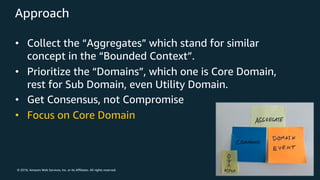 © 2018, Amazon Web Services, Inc. or its Affiliates. All rights reserved.
Approach
• Collect the “Aggregates” which stand for similar
concept in the “Bounded Context”.
• Prioritize the “Domains”, which one is Core Domain,
rest for Sub Domain, even Utility Domain.
• Get Consensus, not Compromise
• Focus on Core Domain
 