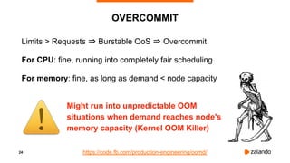 24
OVERCOMMIT
Limits > Requests ⇒ Burstable QoS ⇒ Overcommit
For CPU: fine, running into completely fair scheduling
For memory: fine, as long as demand < node capacity
https://code.fb.com/production-engineering/oomd/
Might run into unpredictable OOM
situations when demand reaches node's
memory capacity (Kernel OOM Killer)
 