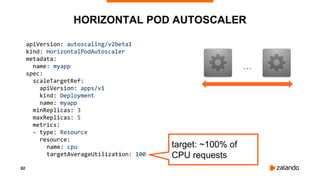 62
HORIZONTAL POD AUTOSCALER
apiVersion: autoscaling/v2beta1
kind: HorizontalPodAutoscaler
metadata:
name: myapp
spec:
scaleTargetRef:
apiVersion: apps/v1
kind: Deployment
name: myapp
minReplicas: 3
maxReplicas: 5
metrics:
- type: Resource
resource:
name: cpu
targetAverageUtilization: 100
target: ~100% of
CPU requests
...
 