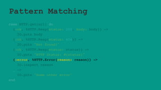 Pattern Matching
case HTTP.get(url) do
{:ok, %HTTP.Resp{status: 200, body: body}} ->
IO.puts body
{:ok, %HTTP.Resp{status: 404}} ->
IO.puts "Not found!"
{:ok, %HTTP.Resp{status: status}} ->
IO.puts "HTTP Status: #{status}"
{:error, %HTTP.Error{reason: reason}} ->
IO.inspect reason
_ ->
IO.puts "Some other error"
end
 