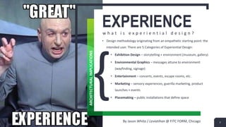 EXPERIENCEw h a t i s e x p e r i e n t i a l d e s i g n ?
• Design methodology originating from an empathetic starting point: the
intended user. There are 5 Categories of Experiential Design:
• Exhibition Design – storytelling + environment (museum, gallery)
• Environmental Graphics – messages attune to environment
(wayfinding, signage)
• Entertainment – concerts, events, escape rooms, etc.
• Marketing – sensory experiences, guerilla marketing, product
launches + events
• Placemaking – public installations that define space
7By Jason White / Leviatihan @ FITC FORM, Chicago
ARCHITECTURALIMPLICATIONS
 