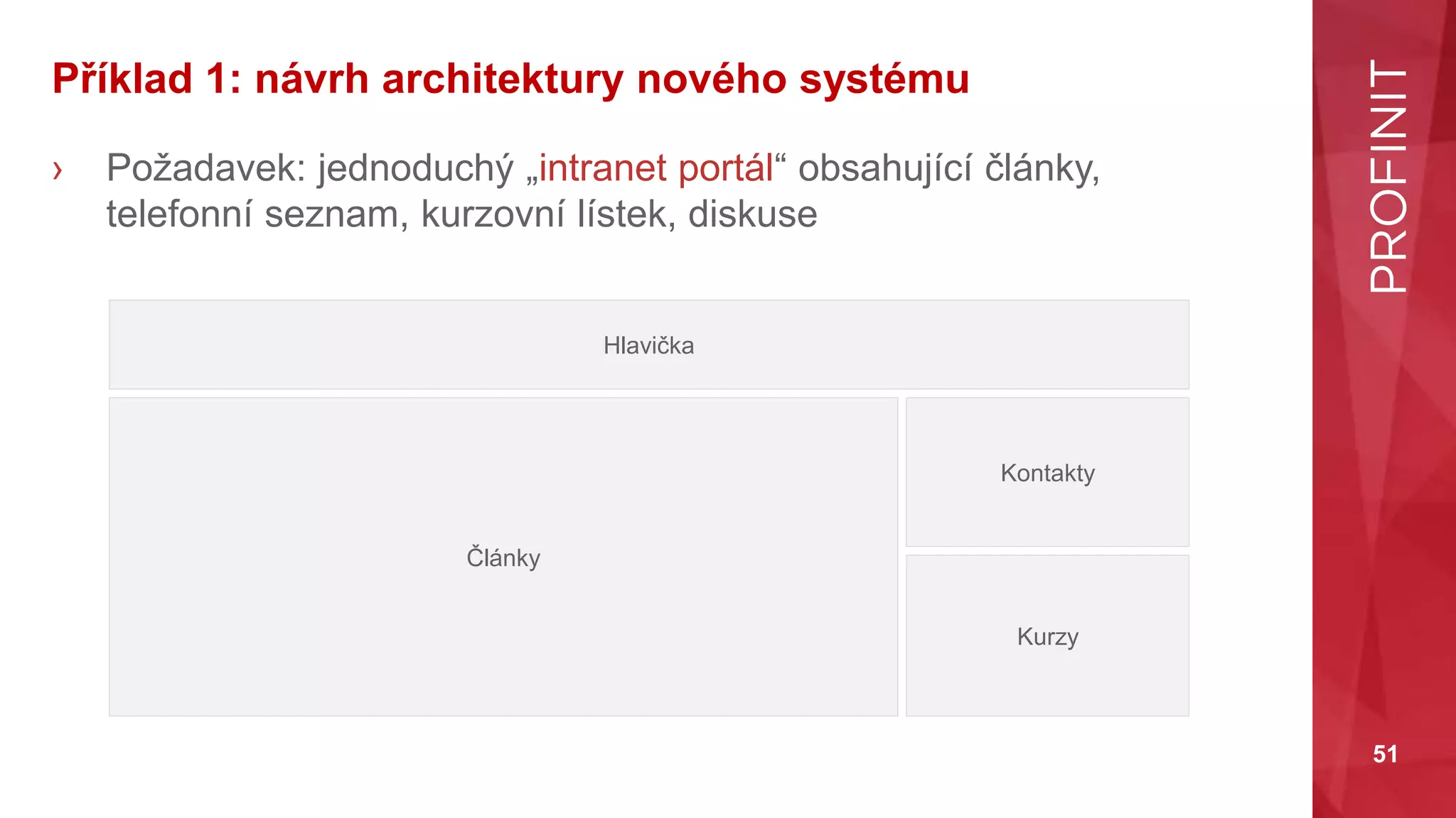 51
Příklad 1: návrh architektury nového systému
› Požadavek: jednoduchý „intranet portál“ obsahující články,
telefonní seznam, kurzovní lístek, diskuse
Hlavička
Články
Kontakty
Kurzy
 