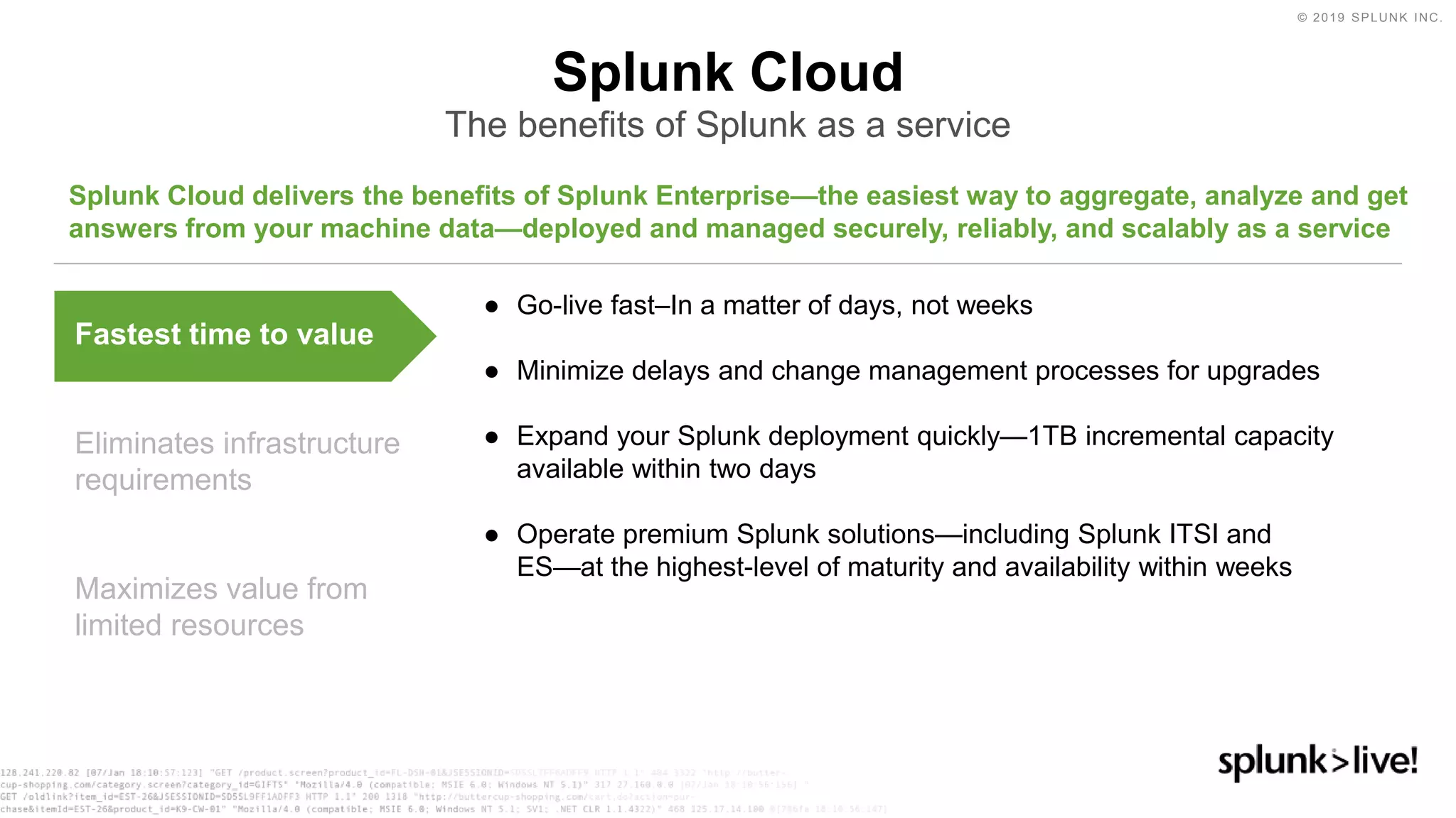 © 2019 SPLUNK INC.
Splunk Cloud
The benefits of Splunk as a service
● Go-live fast–In a matter of days, not weeks
● Minimize delays and change management processes for upgrades
● Expand your Splunk deployment quickly—1TB incremental capacity
available within two days
● Operate premium Splunk solutions—including Splunk ITSI and
ES—at the highest-level of maturity and availability within weeks
Fastest time to value
Eliminates infrastructure
requirements
Maximizes value from
limited resources
Splunk Cloud delivers the benefits of Splunk Enterprise—the easiest way to aggregate, analyze and get
answers from your machine data—deployed and managed securely, reliably, and scalably as a service
 