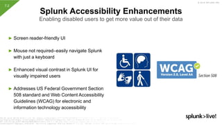 © 2019 SPLUNK INC.
► Screen reader-friendly UI
► Mouse not required–easily navigate Splunk
with just a keyboard
► Enhanced visual contrast in Splunk UI for
visually impaired users
► Addresses US Federal Government Section
508 standard and Web Content Accessibility
Guidelines (WCAG) for electronic and
information technology accessibility
Splunk Accessibility Enhancements
Enabling disabled users to get more value out of their data
7.2
 