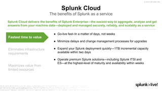 © 2019 SPLUNK INC.
Splunk Cloud
The benefits of Splunk as a service
● Go-live fast–In a matter of days, not weeks
● Minimize delays and change management processes for upgrades
● Expand your Splunk deployment quickly—1TB incremental capacity
available within two days
● Operate premium Splunk solutions—including Splunk ITSI and
ES—at the highest-level of maturity and availability within weeks
Fastest time to value
Eliminates infrastructure
requirements
Maximizes value from
limited resources
Splunk Cloud delivers the benefits of Splunk Enterprise—the easiest way to aggregate, analyze and get
answers from your machine data—deployed and managed securely, reliably, and scalably as a service
 