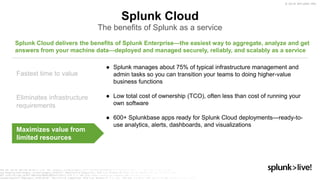 © 2019 SPLUNK INC.
Splunk Cloud
The benefits of Splunk as a service
● Splunk manages about 75% of typical infrastructure management and
admin tasks so you can transition your teams to doing higher-value
business functions
● Low total cost of ownership (TCO), often less than cost of running your
own software
● 600+ Splunkbase apps ready for Splunk Cloud deployments—ready-to-
use analytics, alerts, dashboards, and visualizations
Fastest time to value
Eliminates infrastructure
requirements
Maximizes value from
limited resources
Splunk Cloud delivers the benefits of Splunk Enterprise—the easiest way to aggregate, analyze and get
answers from your machine data—deployed and managed securely, reliably, and scalably as a service
 