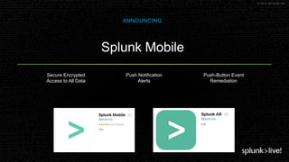 © 2019 SPLUNK INC.
Secure Encrypted
Access to All Data
Push Notification
Alerts
Push-Button Event
Remediation
Splunk Mobile
ANNOUNCING
 