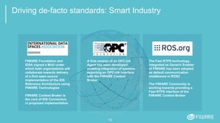 Driving de-facto standards: Smart Industry
19
FIWARE Foundation and
IDSA signed a MoU under
which both organizations will
collaborate towards delivery
of a first open source
implementation of the IDS
Reference Architecture using
FIWARE Technologies
FIWARE Context Broker is
the core of IDS Connectors
in proposed implementation
A first version of an OPC-UA
Agent has been developed
enabling integration of systems
exporting an OPC-UA interface
with the FIWARE Context
Broker
The Fast RTPS technology,
integrated as Generic Enabler
of FIWARE has been adopted
as default communication
middleware in ROS2
The FIWARE Community is
working towards providing a
Fast RTPS interface of the
FIWARE Context Broker
 