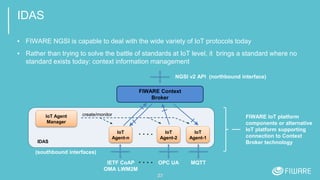 IDAS
▪ FIWARE NGSI is capable to deal with the wide variety of IoT protocols today
▪ Rather than trying to solve the battle of standards at IoT level, it brings a standard where no
standard exists today: context information management
23
FIWARE Context
Broker
NGSI v2 API (northbound interface)
IoT
Agent-1
IoT
Agent-2
IoT
Agent-n
IoT Agent
Manager
create/monitor
IDAS
(southbound interfaces)
OPC UA MQTTIETF CoAP
OMA LWM2M
FIWARE IoT platform
components or alternative
IoT platform supporting
connection to Context
Broker technology
 
