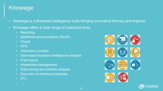 Knowage
▪ Knowage is a Business Intelligence suite bringing innovative themes and engines.
▪ Knowage offers a wide range of analytical tools:
▪ Reporting
▪ Multidimensional analysis (OLAP)
▪ Charts
▪ KPIs
▪ Interactive cockpits
▪ Geo-based business Intelligence analysis
▪ Free Inquiry
▪ masterdata management
▪ Data mining and network analysis
▪ Execution of external processes
▪ ETL
▪ …
26
 
