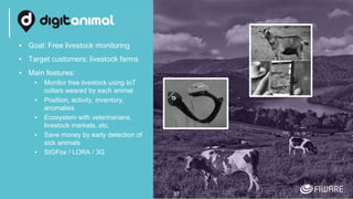 ▪ Goal: Free livestock monitoring
▪ Target customers: livestock farms
▪ Main features:
▪ Monitor free livestock using IoT
collars weared by each animal
▪ Position, activity, inventory,
anomalies
▪ Ecosystem with veterinarians,
livestock markets, etc.
▪ Save money by early detection of
sick animals
▪ SIGFox / LORA / 3G
37
 