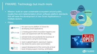 FIWARE: Technology but much more
▪ Mission: build an open sustainable ecosystem around public,
royalty-free and implementation-driven software platform standards
that will ease the development of new Smart Applications in
multiple sectors
▪ Pillars:
56
eHealth
tourism
Transport,
Mobility and
Logistics
e-government
Smart
Energy Grid
…
the open source platform of choice for
developing smart applications
a meeting point where innovation happens and
users can experiment with the technology
activate funds and accelerate the business of
entrepreneurs using the technology
reach a global footprint, opening to regions
that share the same vision and ambition
support development of the community at local
level, bringing support, training, certification
 