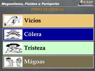 Magnetismo, Fluidos e PerispíritoMagnetismo, Fluidos e Perispírito
PERDA DE ENERGIA
Vícios
Cólera
Tristeza
Mágoas
 