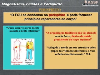 Magnetismo, Fluidos e PerispíritoMagnetismo, Fluidos e Perispírito
“Quase sempre o corpo doente
assinala a mente enfermiça”
PERISPÍRITO
“A organização fisiológica não vai além do
vaso de barro, dentro do molde
preexistente do corpo espiritual”
“Atingido o molde em sua estrutura pelos
golpes das vibrações inferiores, o vaso
refletirá imediatamente.” M.L
“O FCU se condensa no e pode fornecer
princípios reparadores ao corpo”
 