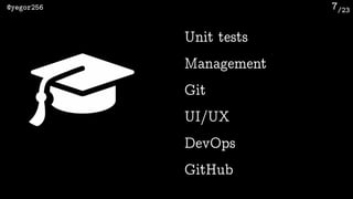 /23@yegor256 7
Unit tests
Management
Git
UI/UX
DevOps
GitHub