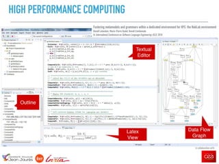 - 11
HIGH PERFORMANCE COMPUTING
in collaboration with
Fostering metamodels and grammars within a dedicated environment for HPC: the NabLab environment
Benoît Lelandais, Marie-Pierre Oudot, Benoît Combemale
In International Conference on Software Language Engineering (SLE), 2018
 